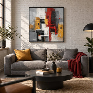 Red And Yellow Abstract Poster, framed on the wall of a modern loft living room with a white painted brick wall and a concrete floor