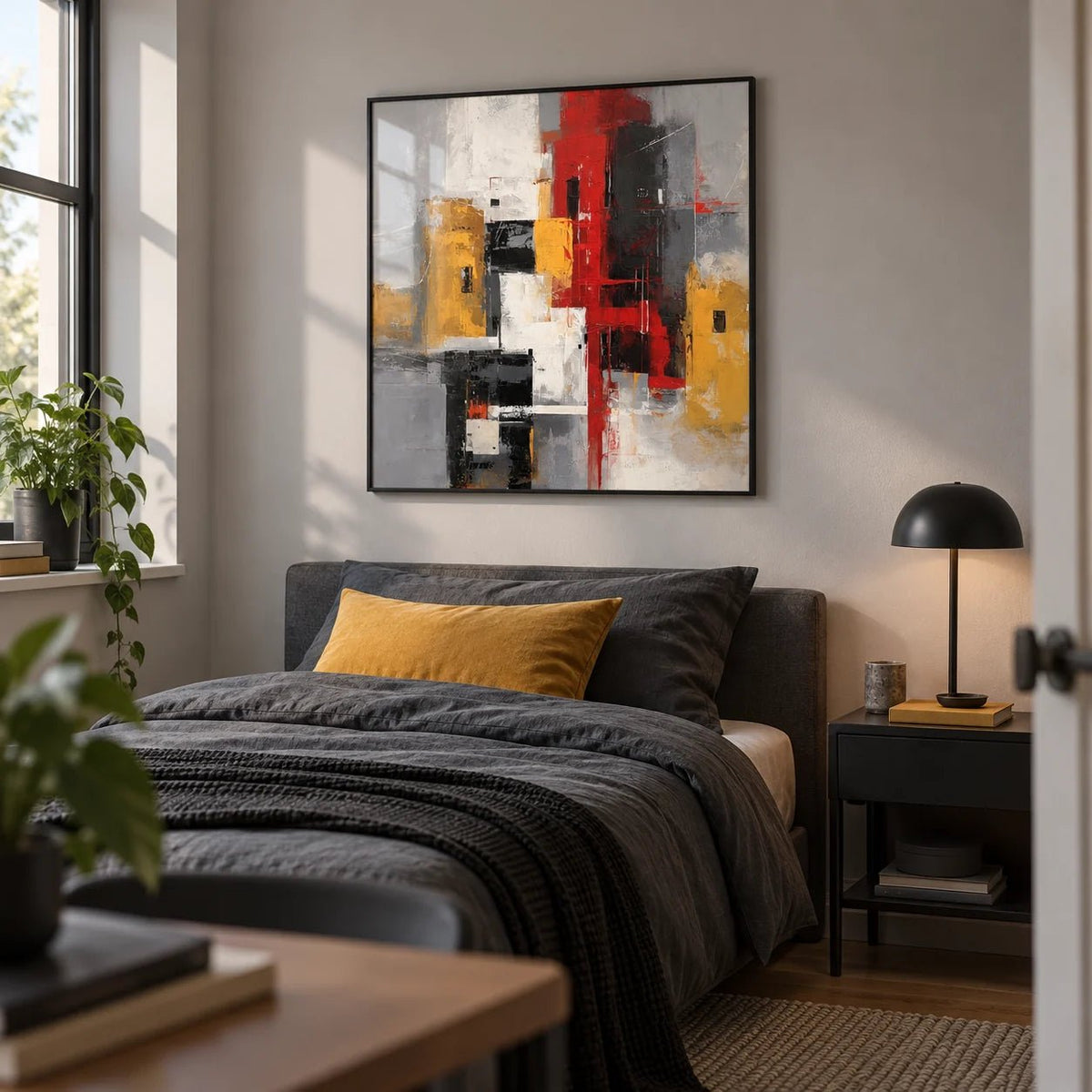 Red And Yellow Abstract Poster, framed on the wall of a young adult's single bedroom (19-26) with a pale grey wall