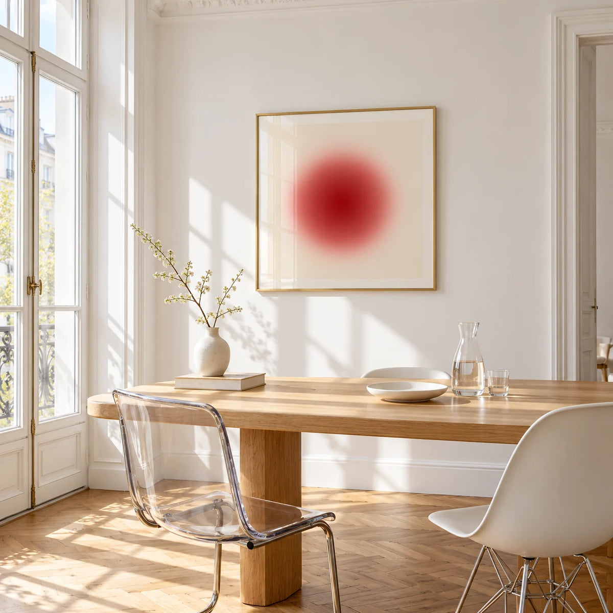 Red Circle Wall Art, framed on the wall of a bright dining corner
