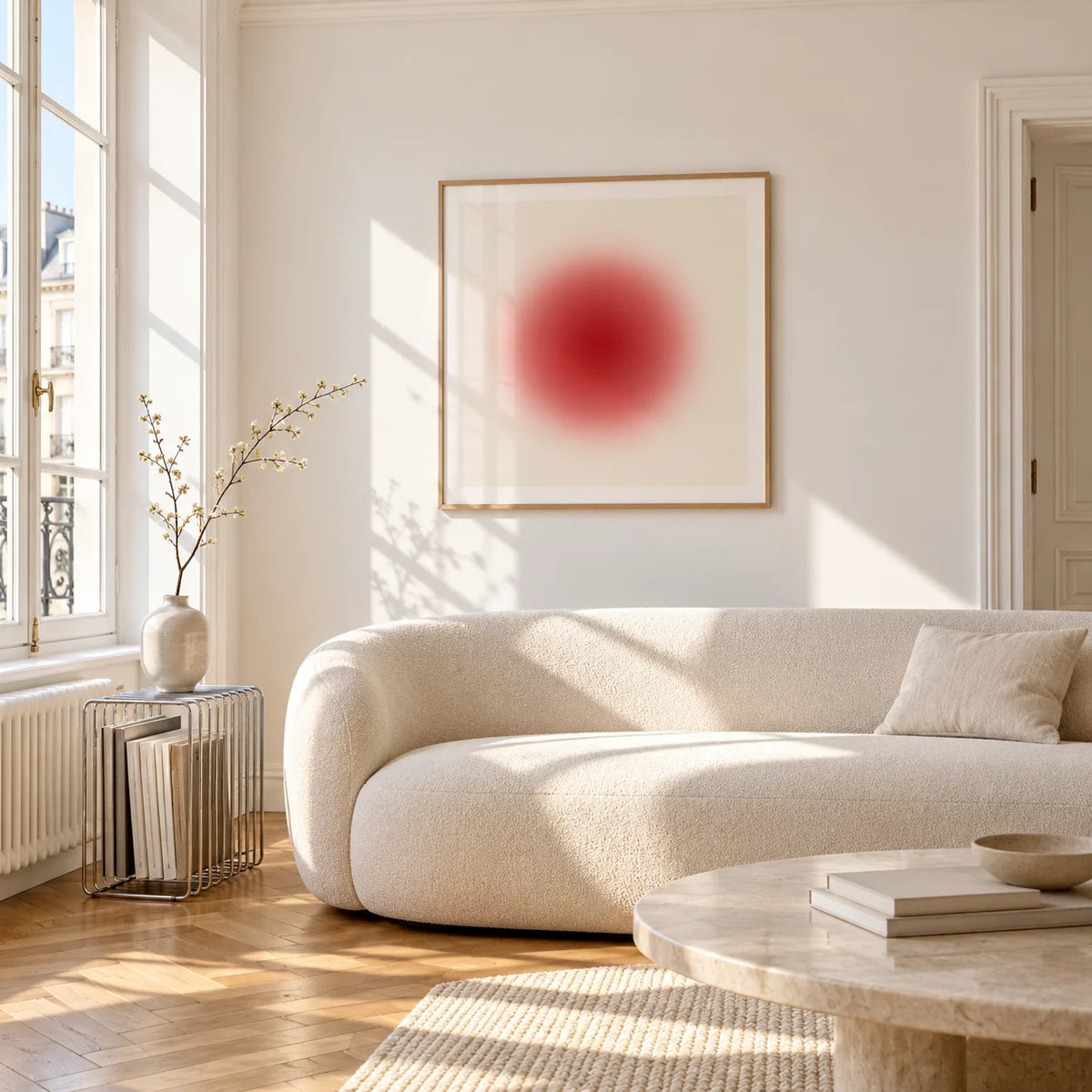 Red Circle Wall Art, framed on the wall of a bright living room corner