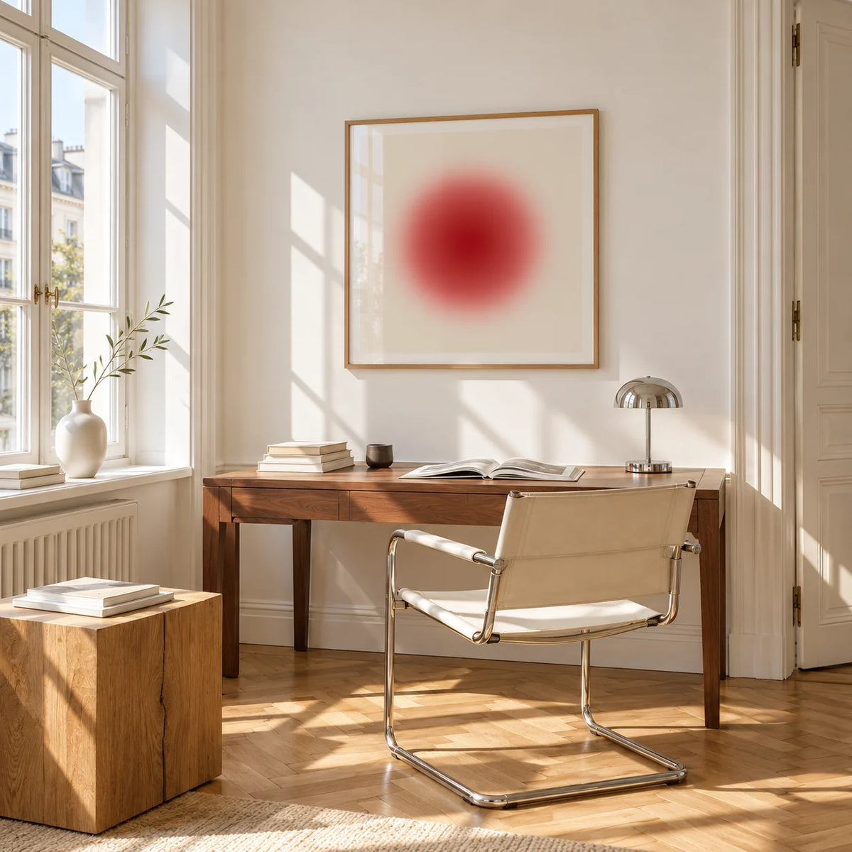 Red Circle Wall Art, framed on the wall of a bright study corner with a tall white paned window
