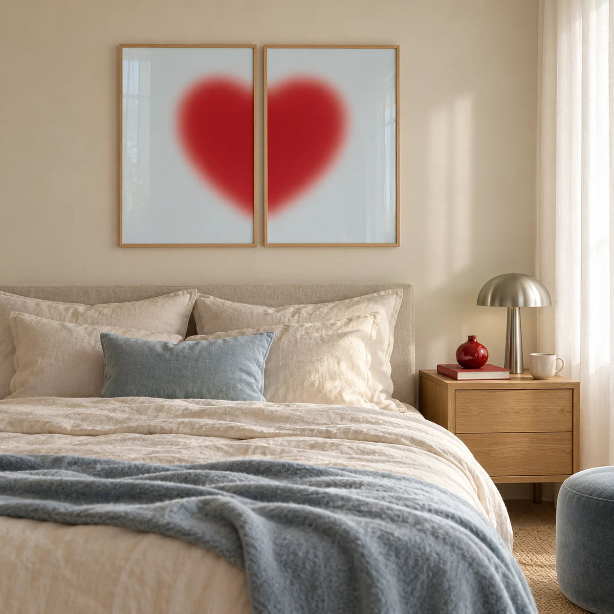 Red heart print set of 2 hung above a bed in a calm bedroom