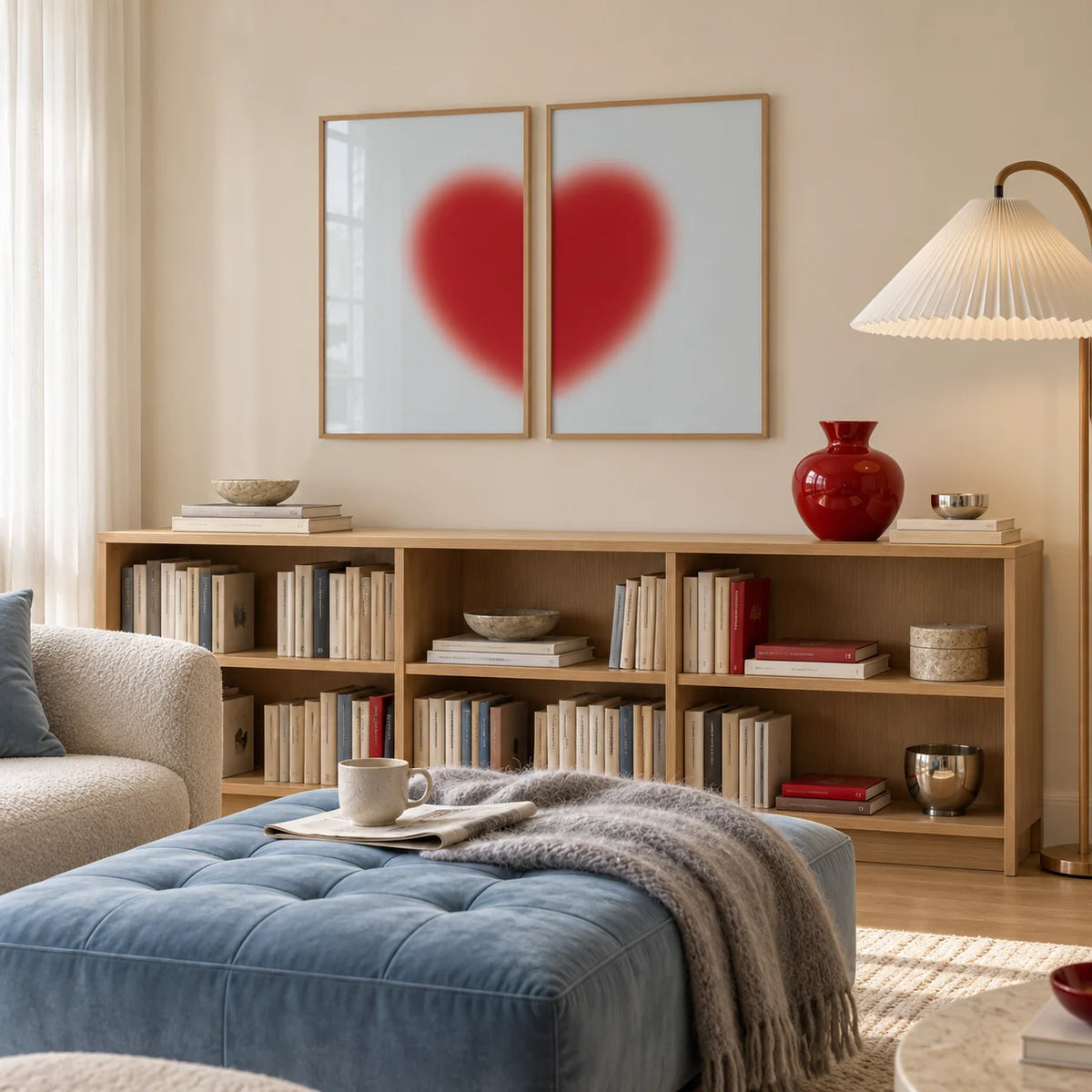 Red heart print set of 2 hung above an oak bookcase in a warm living room
