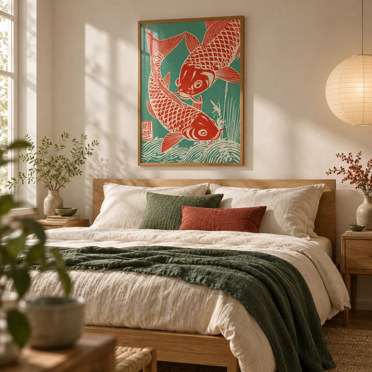 Red Koi Art, framed on the wall of a calm bedroom