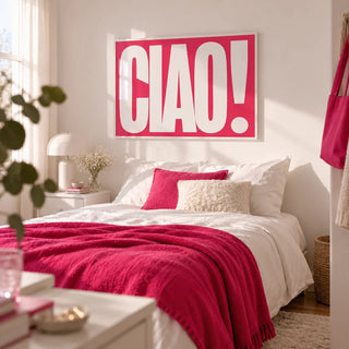Red Text Print, framed on the wall of a fresh young lady's bedroom (18-25) with a white wall