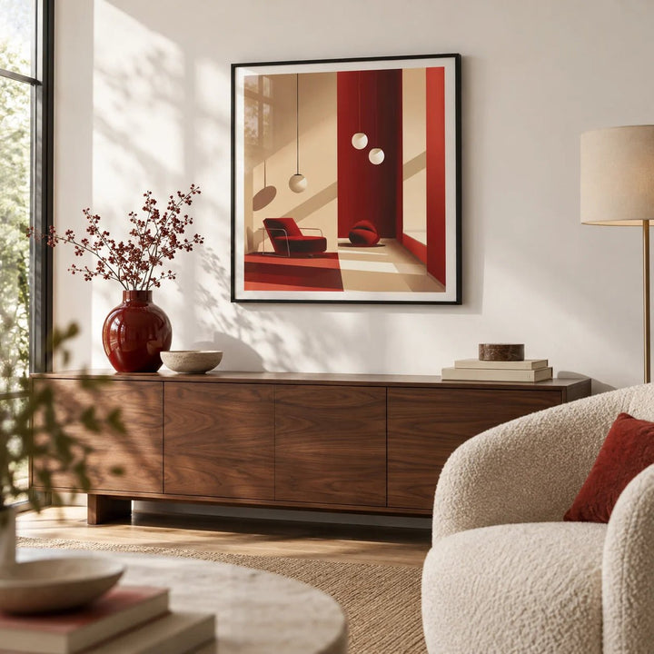 Red Wall Art, framed on the wall of a design-led living room