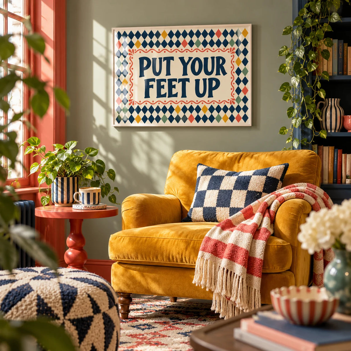 Relaxing Wall Art, framed on the wall of a maximalist reading corner in a living room