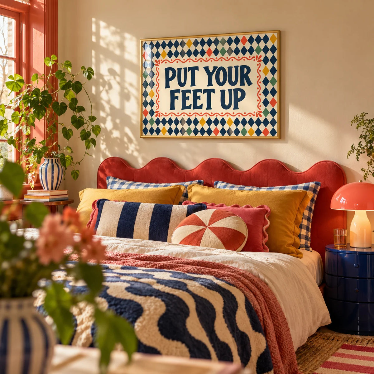 Relaxing Wall Art, framed on the wall of a playful dopamine bedroom