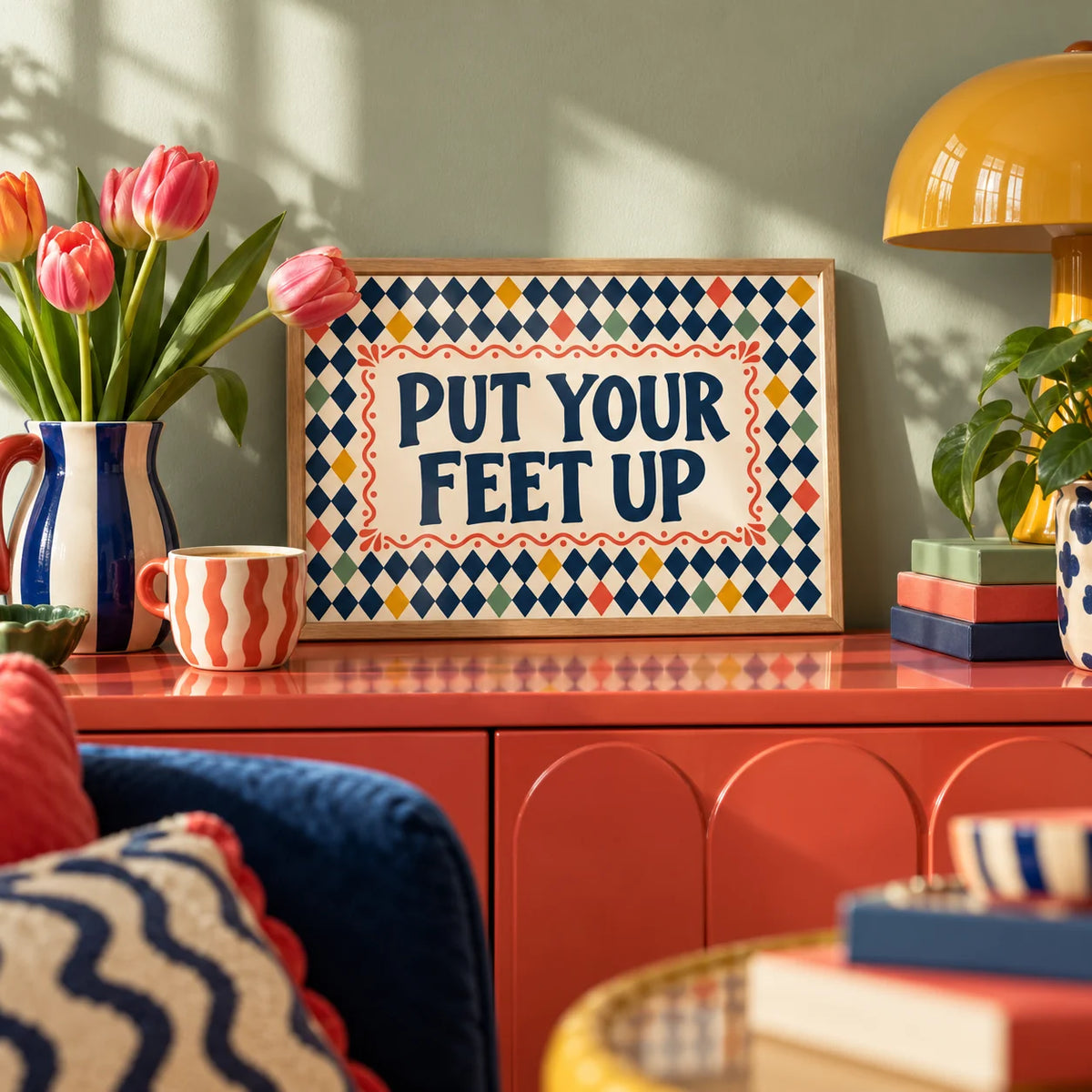 Relaxing Wall Art, a small A4 framed print leaning on a colourful lacquered shelf in a living room