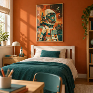 Retro Astronaut Poster, framed on the wall of a bedroom for a 10 year old with a burnt orange painted wall