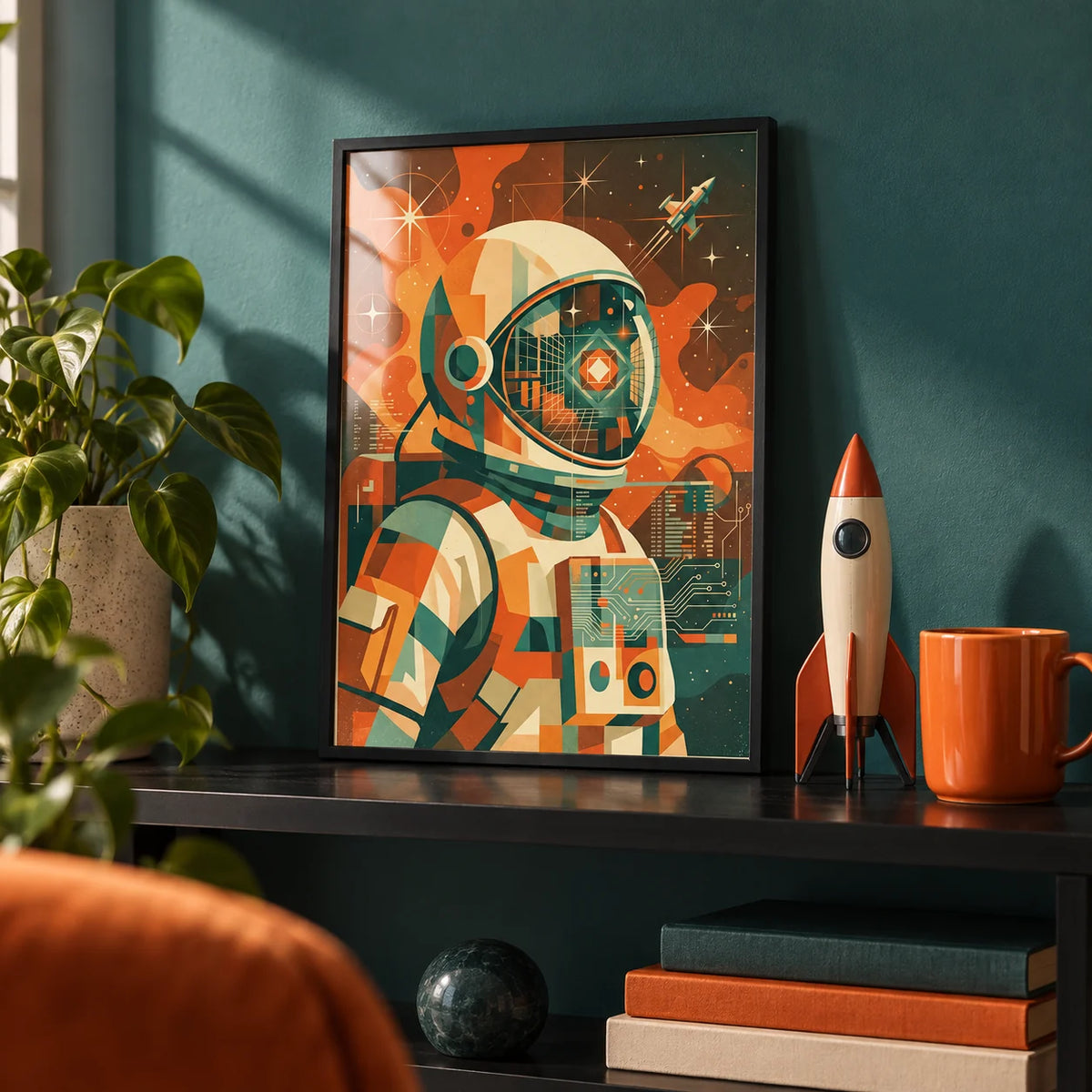 Retro Astronaut Poster, a small A4 framed print leaning on a black shelf in a living room