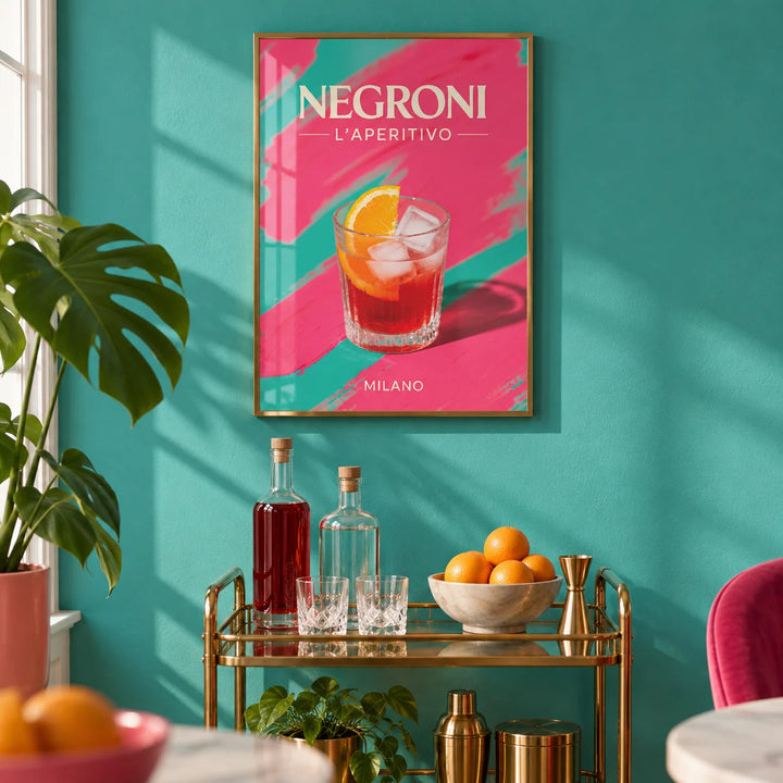 Retro Cocktail Art, framed on the wall of a fun home bar corner with a plain turquoise painted wall in a living room