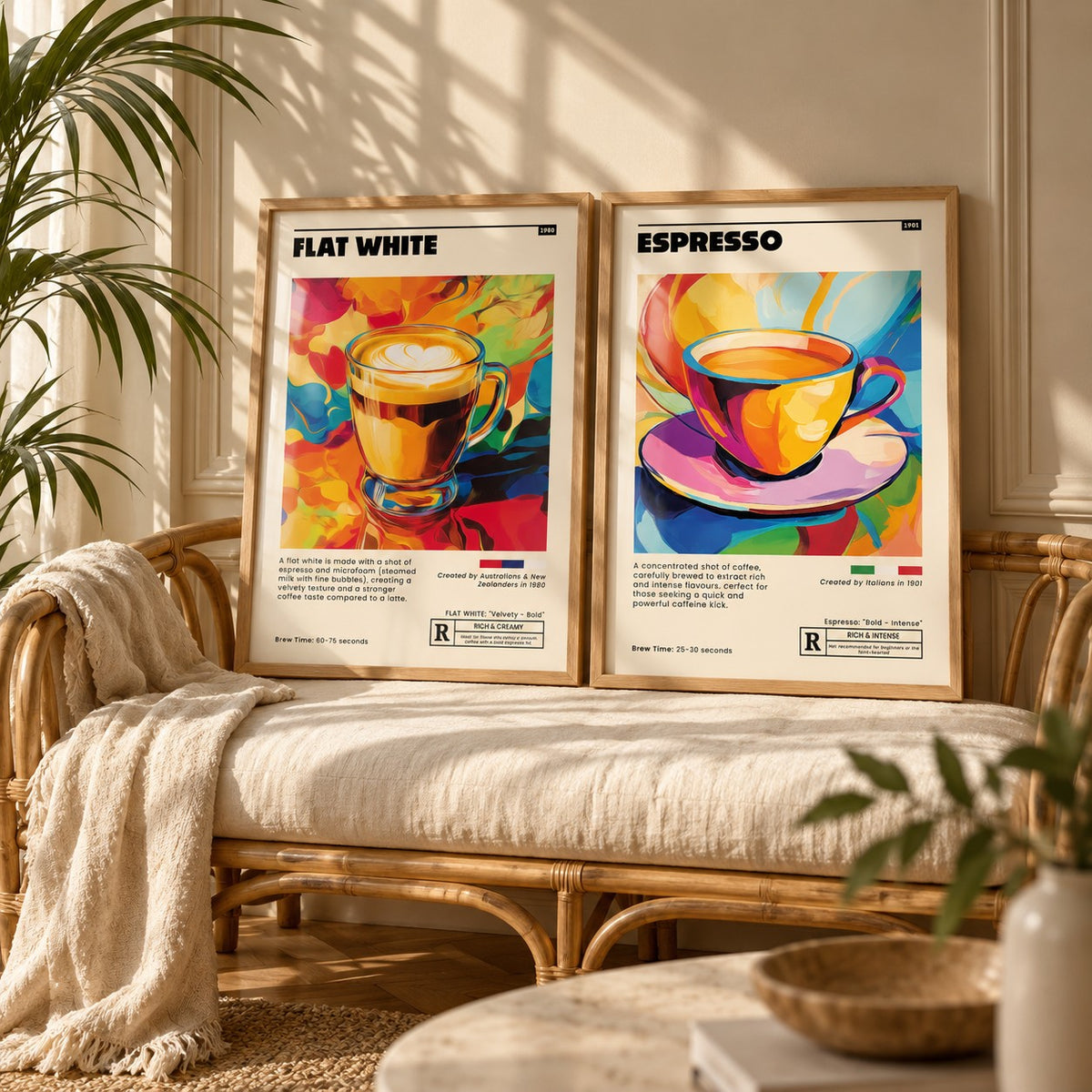 Retro Coffee Prints Set of 2 styled on a rattan bench with palm-leaf shadows: Flat White Cafe Art and Espresso Cafe Art shown framed side by side (frames not included)