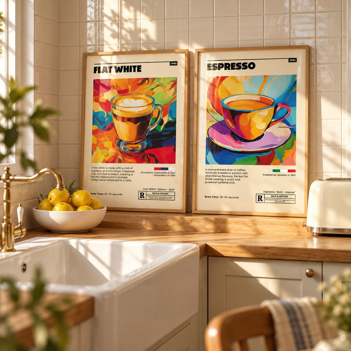 Retro Coffee Prints Set of 2 styled on a butcher-block kitchen worktop against cream tiles: Flat White Cafe Art and Espresso Cafe Art shown framed side by side (frames not included)