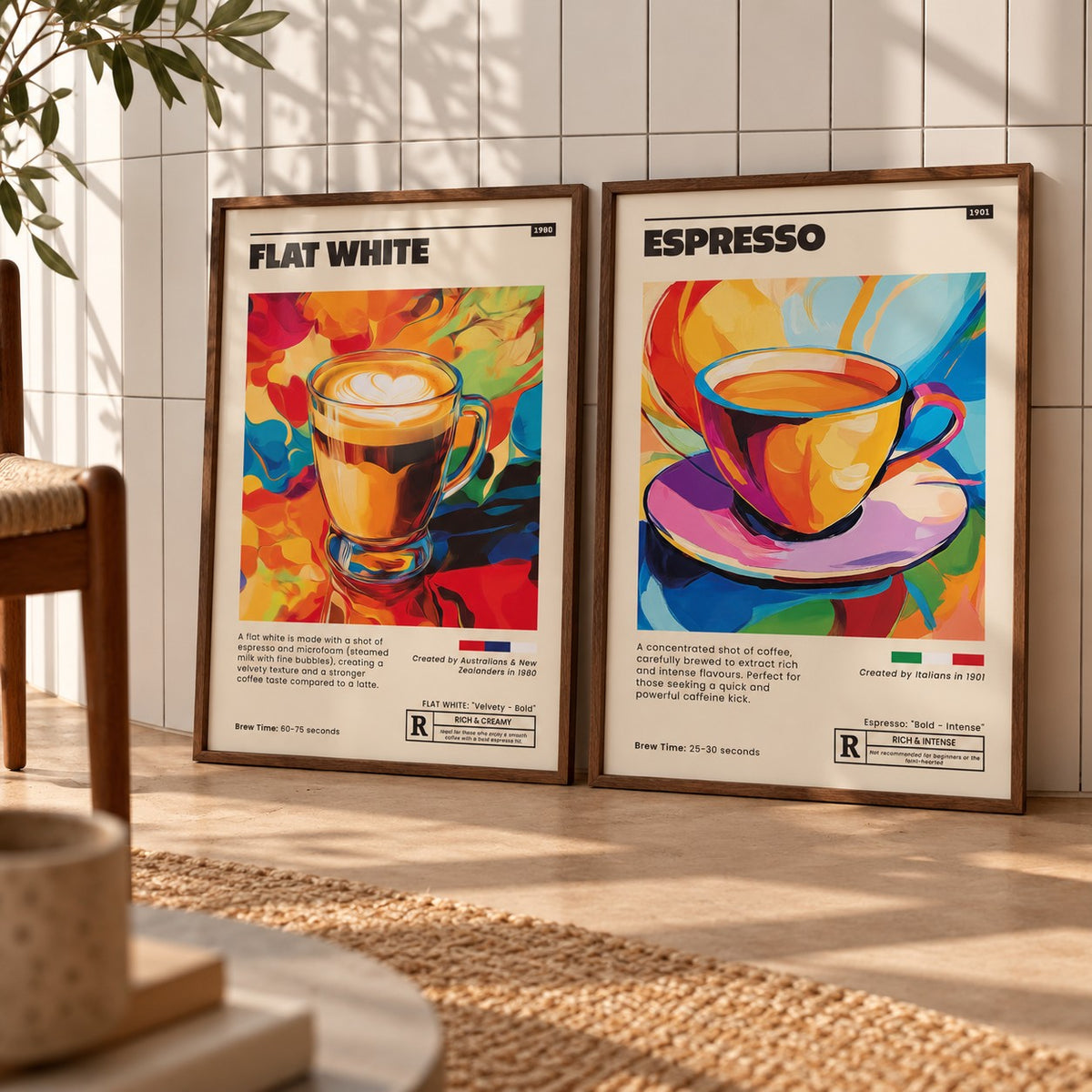 Retro Coffee Prints Set of 2 styled leaning against a white tiled wall on a warm floor: Flat White Cafe Art and Espresso Cafe Art shown framed side by side (frames not included)