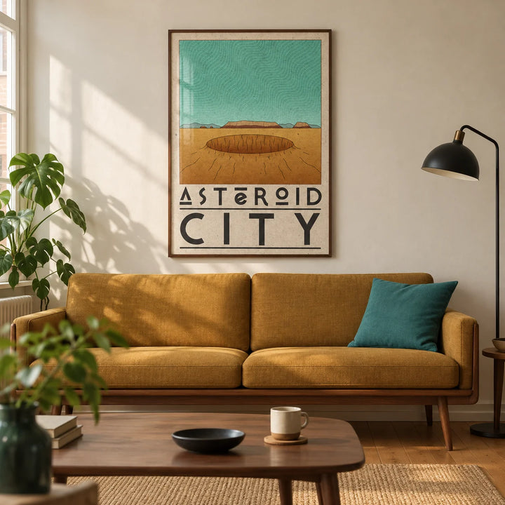 Retro Desert Sci-Fi Poster, framed on the wall of a warm mid-century living room in a UK city flat with cream plaster walls and oak floorboards