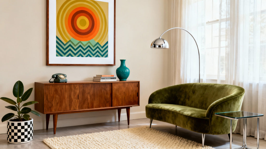 Retro living room with a curved olive velvet sofa, wooden sideboard, arc floor lamp and an orange and mustard sunburst print