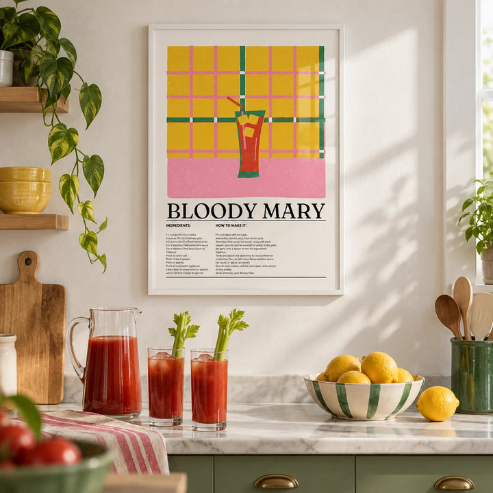 Retro Drink Poster, framed on the wall of a bright kitchen