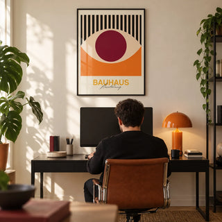 Retro Eye Wall Art, framed on the wall of a design-led home office with a cream wall