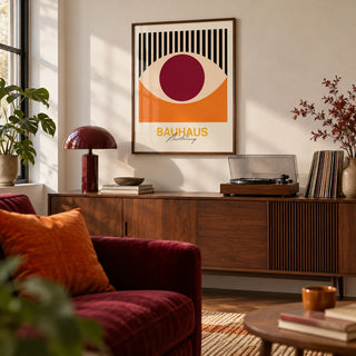 Retro Eye Wall Art, framed on the wall of a retro-modern living room with a warm white wall