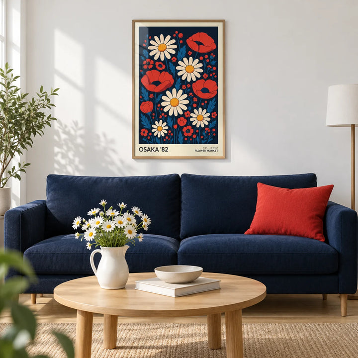 Retro Flowers Art Print, framed on the wall of a bright living room with a plain white wall and a pale oak floor