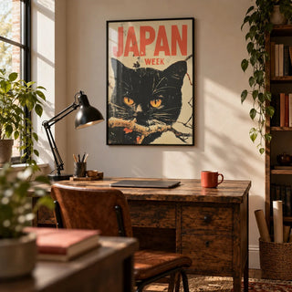 Retro Japanese Art, framed on the wall of a characterful home office