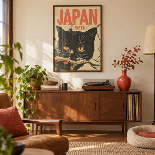Retro Japanese Art, framed on the wall of a characterful living room with a warm cream wall