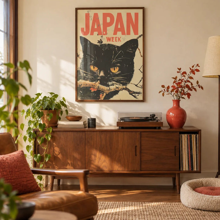 Retro Japanese Art, framed on the wall of a characterful living room with a warm cream wall