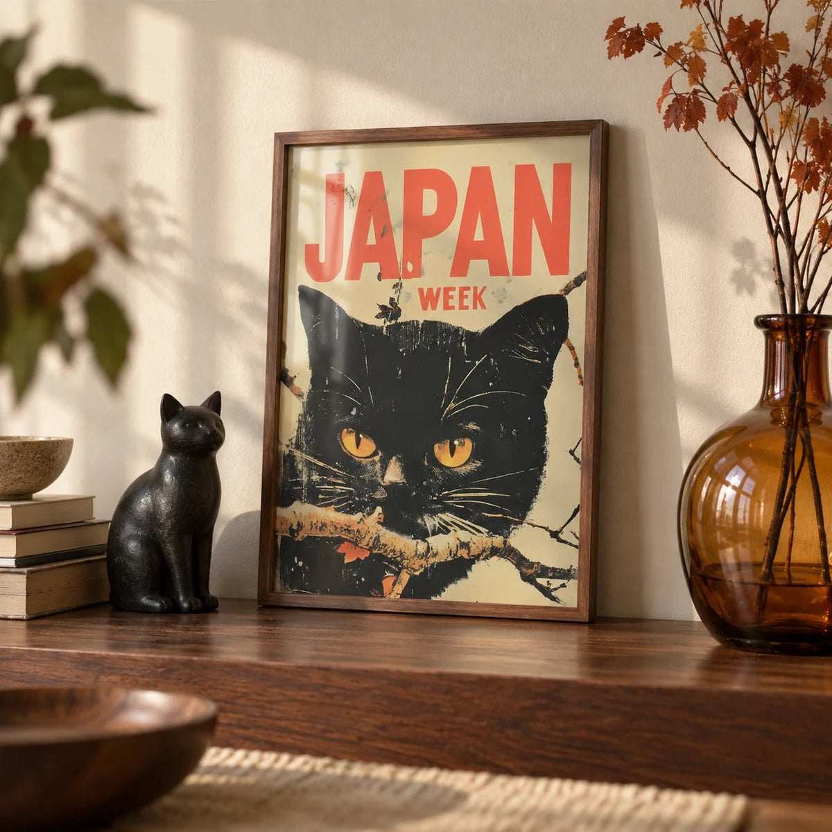 Retro Japanese Art, a small A4 framed print leaning on a walnut shelf in a living room