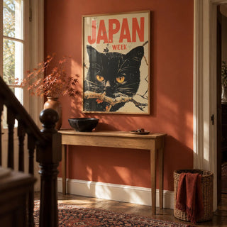 Retro Japanese Art, framed on the wall of a warm Victorian hallway with a deep terracotta painted wall