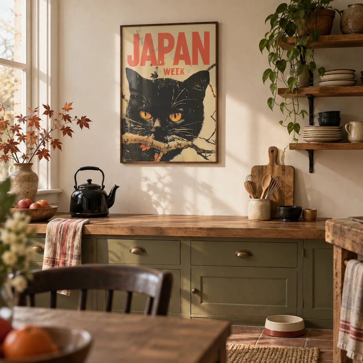 Retro Japanese Art, framed on the wall of a warm vintage-style kitchen with plain cream walls