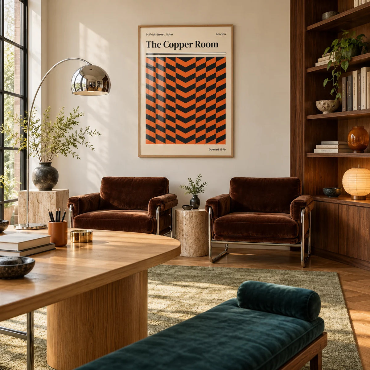 Retro London Poster, framed on the wall of a calm design studio office with a pale wall