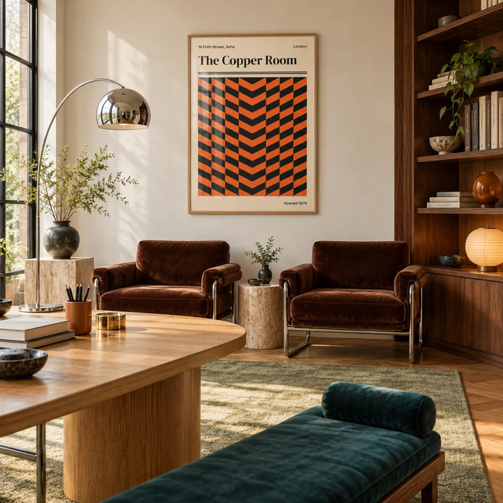 Retro London Poster, framed on the wall of a calm design studio office with a pale wall