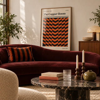 Retro London Poster, framed on the wall of a calm living room with a warm white wall