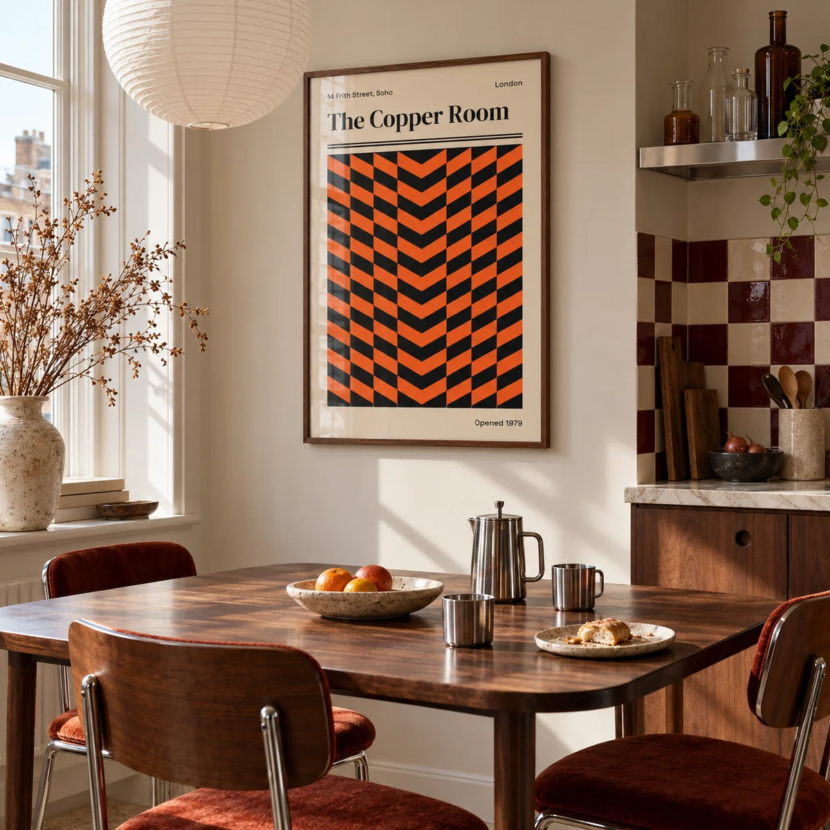 Retro London Poster, framed on the wall of a kitchen dining corner by a tall window in soft daylight