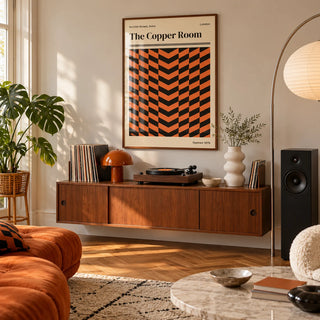 Retro London Poster, framed on the wall of a living room with herringbone parquet