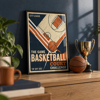Retro Sports Wall Art, a small A4 framed print leaning on an oak shelf in a living room