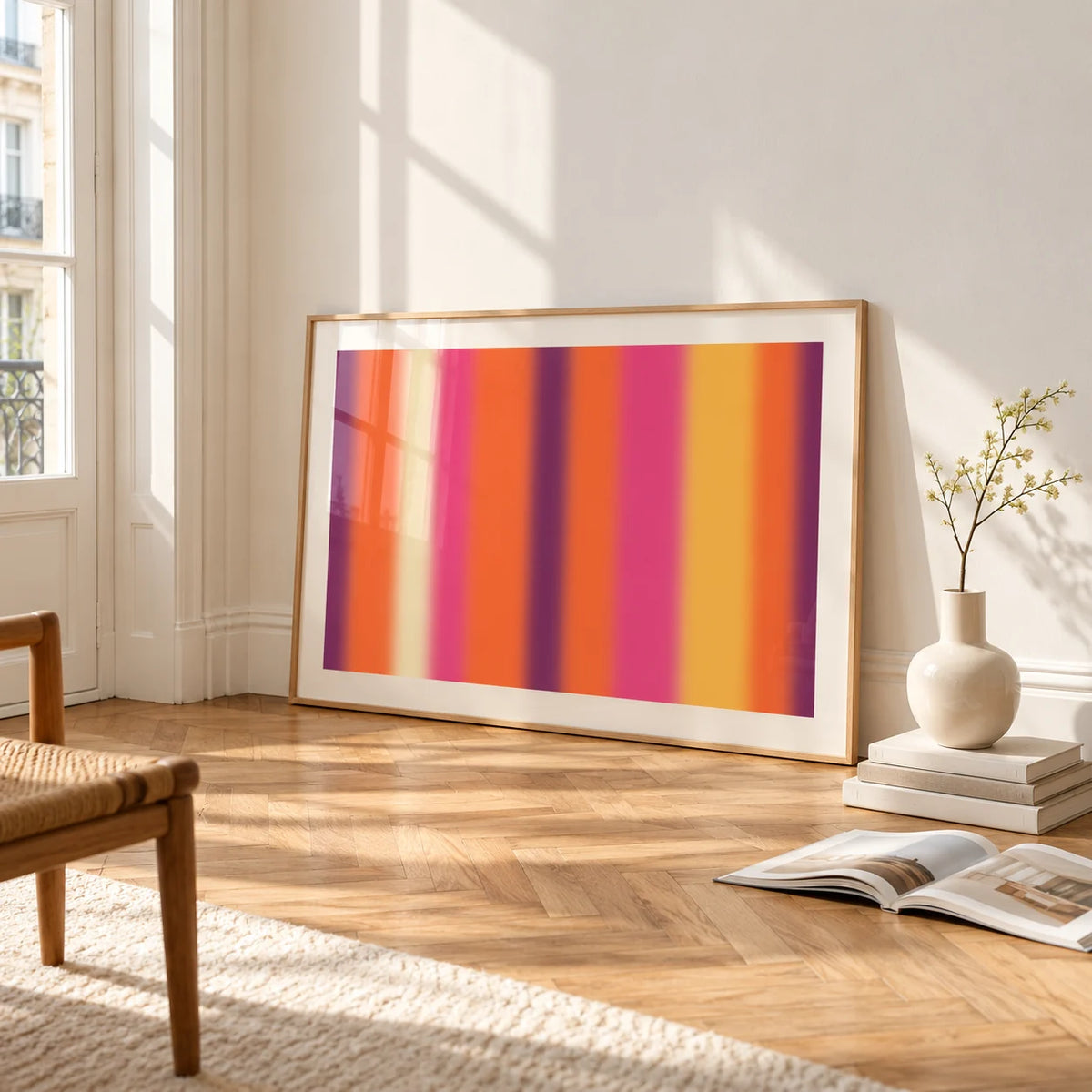 Retro Sunset Print, framed and leaning on the parquet floor of a bright living room