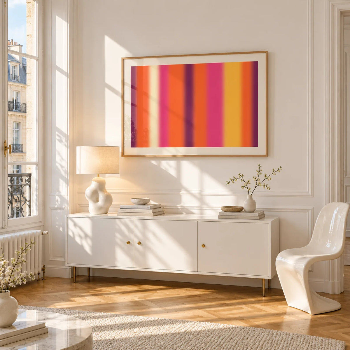 Retro Sunset Print, framed on the wall of a bright Paris style apartment in a living room