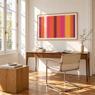 Retro Sunset Print, framed on the wall of a bright study corner with a tall white paned window