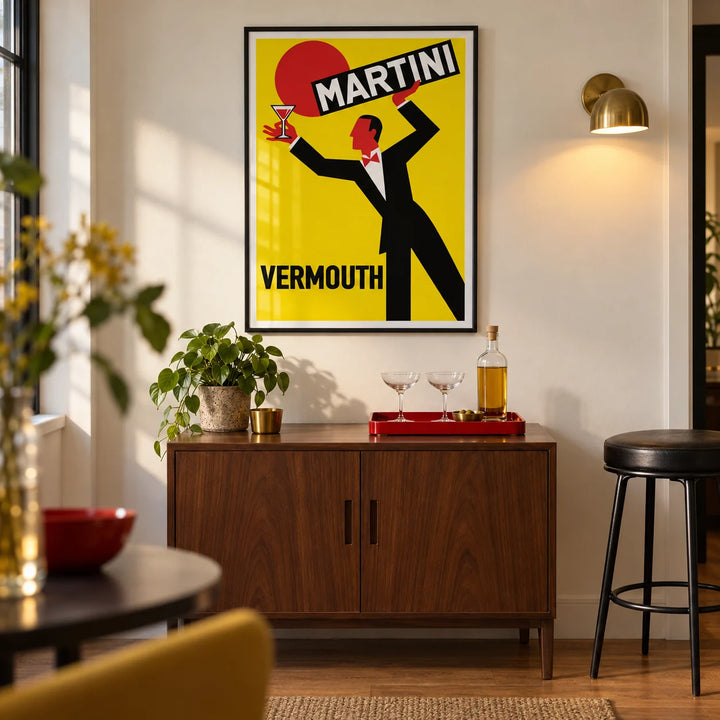 Retro Vermouth Bar Poster, framed on the wall of a compact home bar in a design-led UK city flat with a warm white wall and oak floor in a living room