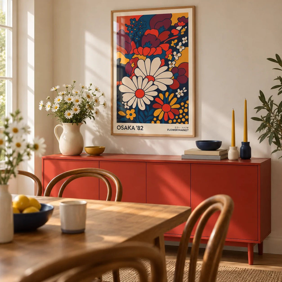 Retro Wall Art Prints, framed on the wall of a dining room with a solid tomato red painted sideboard