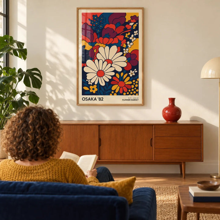 Retro Wall Art Prints, framed on the wall of a retro-modern living room with a warm cream wall
