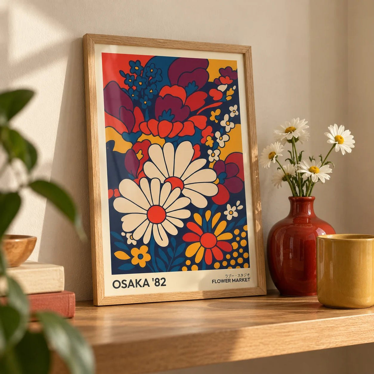 Retro Wall Art Prints, a small A4 framed print leaning on an oak shelf in a living room