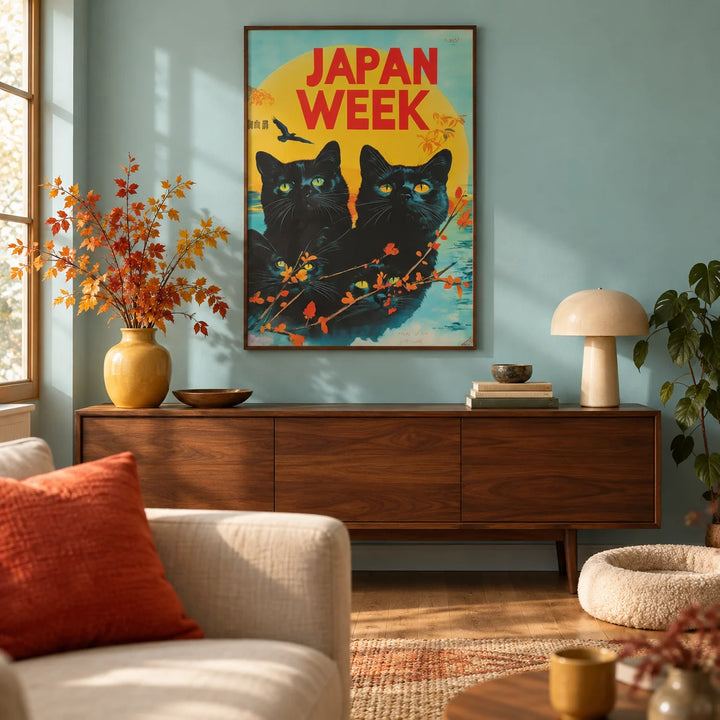 Retro Wall Prints, framed on the wall of a characterful living room with a soft aqua wall and an oak floor