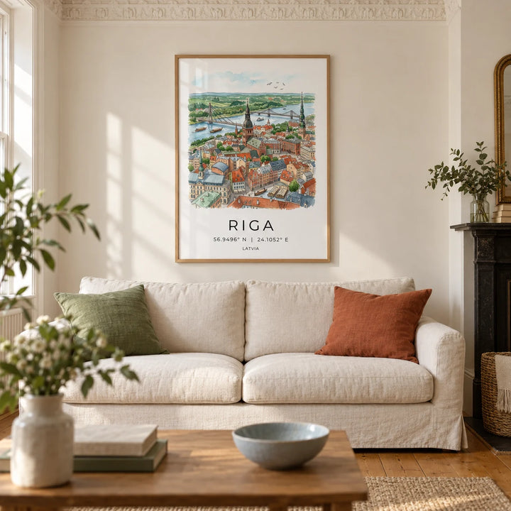 Riga City Art Print, framed on the wall of a calm living room in a Victorian terrace with warm white plaster walls