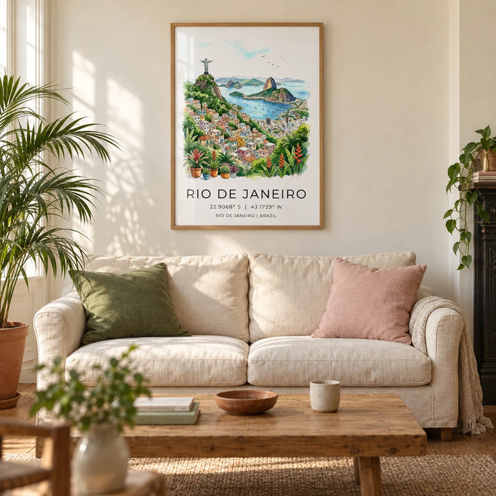 Rio De Janeiro Art Print, framed on the wall of a warm living room in a UK Victorian terrace with an ivory plaster wall