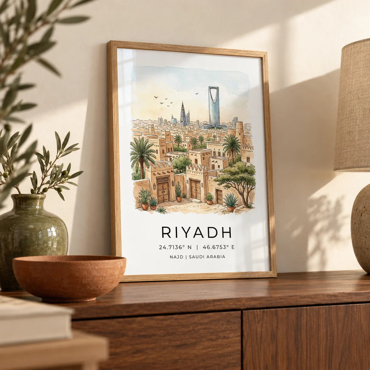 Riyadh Cityscape Wall Art, a small A4 framed print leaning on a walnut sideboard in a living room