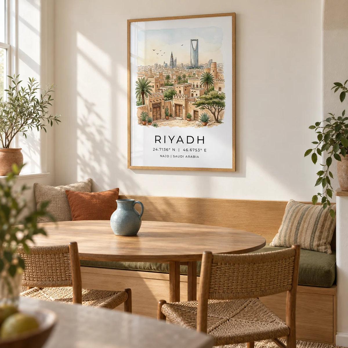 Riyadh Cityscape Wall Art, framed on the wall of a sunny dining nook in a UK flat with a warm white wall and a built-in bench