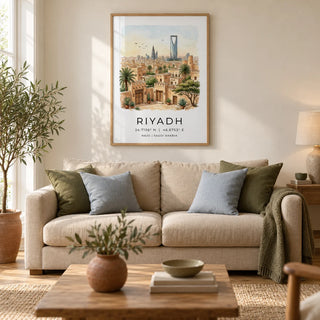 Riyadh Cityscape Wall Art, framed on the wall of a warm contemporary living room in a UK terraced home with ivory plaster walls and an oak floor